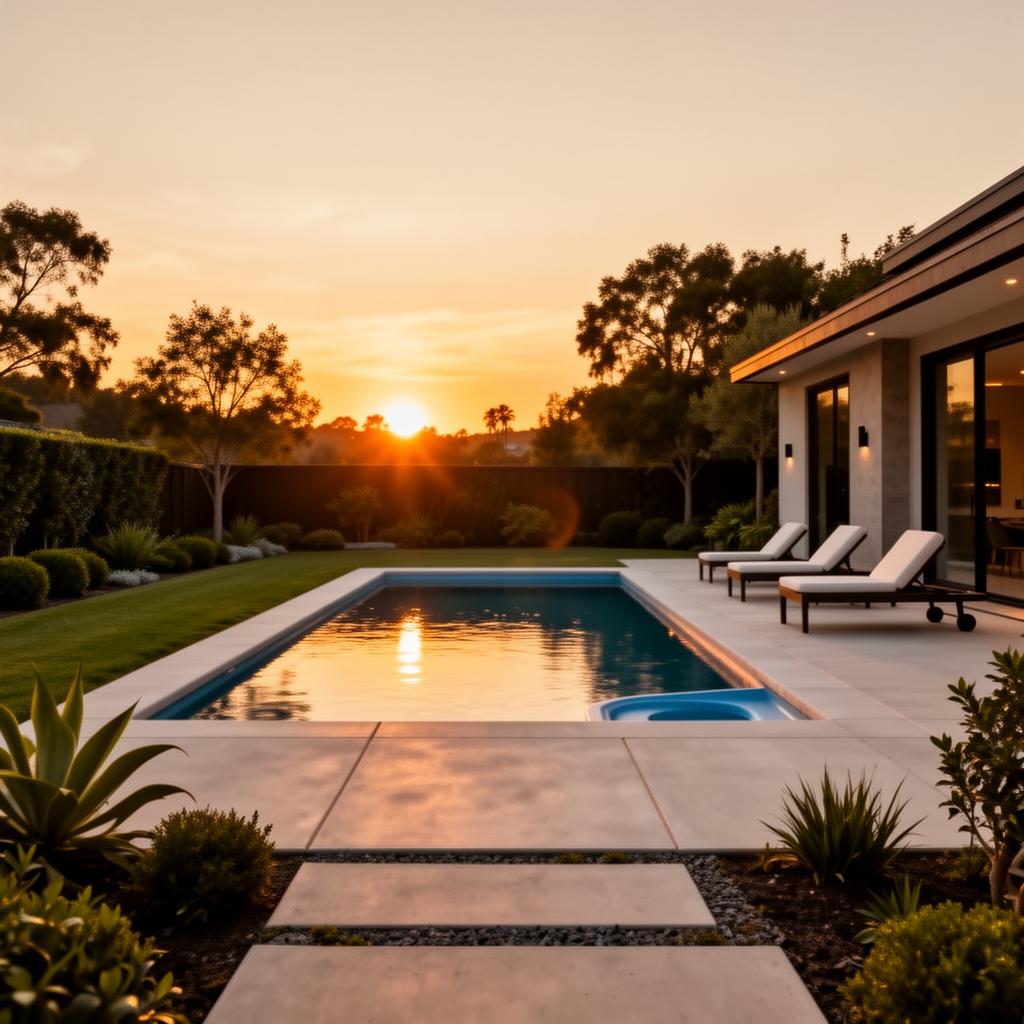 Luxury backyard with fiberglass pool, cement patio, and professional landscaping at sunset